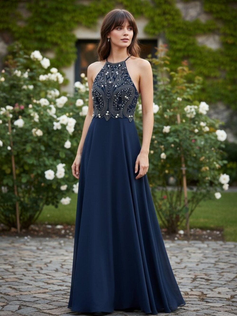 Jovani Navy Beaded Prom Dress Long Formal Evening Gown Open Back Womens 6